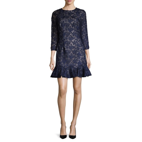 Monique Lhuillier Blue Lace Drop Waist Mini Dress